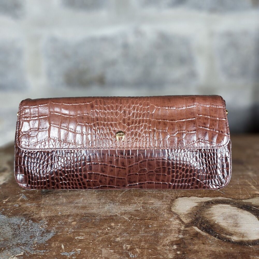 ETIENNE AIGNER brown leather moc croc clutch bag beautiful